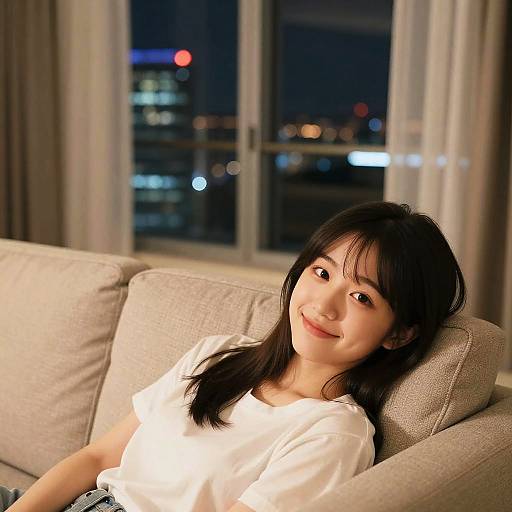Relaxed Japanese Woman on Couch at Night