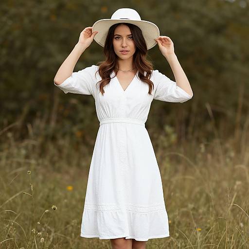 Photograph of a young woman with long dark hair, wearing a white dress and wide-brimmed hat, standing in a grassy field, adjusting
