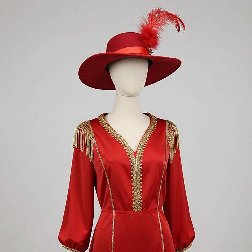 Mannequin in Red Outfit with Feathers