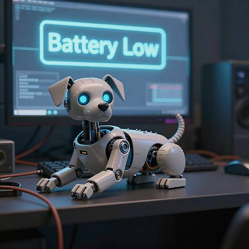 Photograph of a white, glowing blue-eyed robotic puppy on a dark desk, with a computer screen displaying 