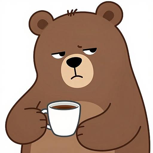 Cartoon brown bear with a grumpy expression, holding a white coffee cup in both paws, against a plain white background.