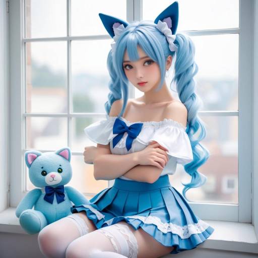 Young Woman in Blue Anime Cat Cosplay Outfit