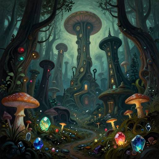 Whimsical digital fantasy illustration of a mystical forest with glowing mushrooms, colorful crystals, and luminescent, fairy-tale-like treehouses among towering