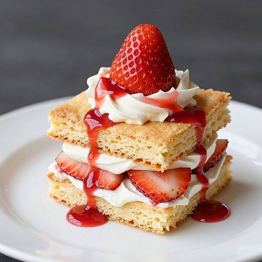 Photograph of a layered strawberry cake with whipped cream, sliced strawberries, and a whole strawberry on top, drizzled with red jam, on a