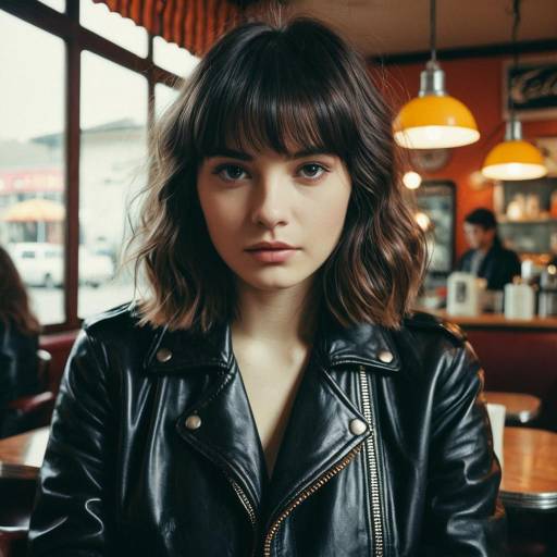 Young Woman with Curtain Bangs in Retro Cafe