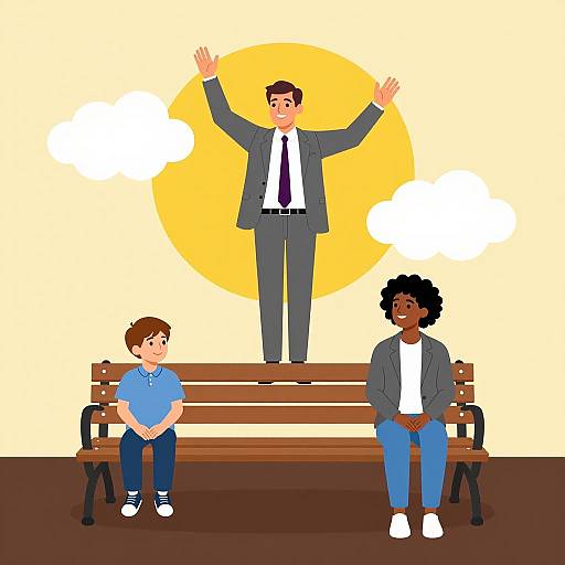 Man Floating Above Bench with Two People Sitting