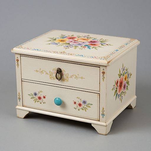 Vintage-style, white wooden nightstand with floral patterns, brass handle, blue knob, and two drawers, set against a plain gray background.