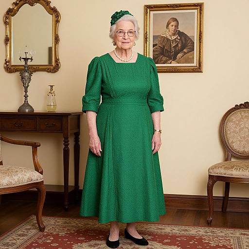 Photograph of an elderly woman with white hair, wearing glasses, a green dress, and black shoes, standing in a classic room with a portrait,