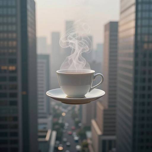 Photograph of a white teacup with steam rising, floating in mid-air between tall, blurred city skyscrapers at sunset.
