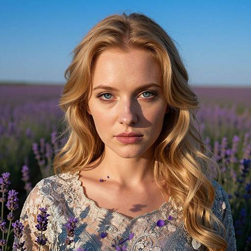 Photograph of a blonde woman with wavy hair, blue eyes, wearing a silver lace top, standing in a lavender field under a clear blue sky