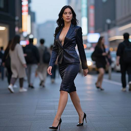 Photograph of a confident woman with long black hair, wearing a low-cut, black, textured blazer dress and black heels, walking in a bustling