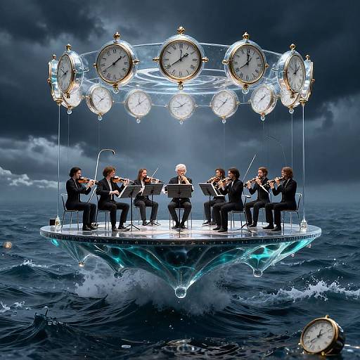 Photograph of a floating orchestra with eight musicians in black suits, playing instruments, surrounded by nine suspended clocks, on turbulent ocean water under a dramatic,