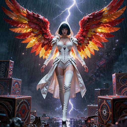 Digital artwork of a winged angelic warrior in white armor and thigh-high boots, with fiery red and orange wings, standing in a stormy,