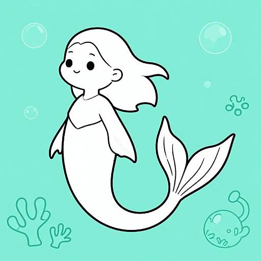 Cute black-and-white cartoon mermaid with long hair, smiling, and finned tail, floating in turquoise ocean with bubbles. Digital drawing.