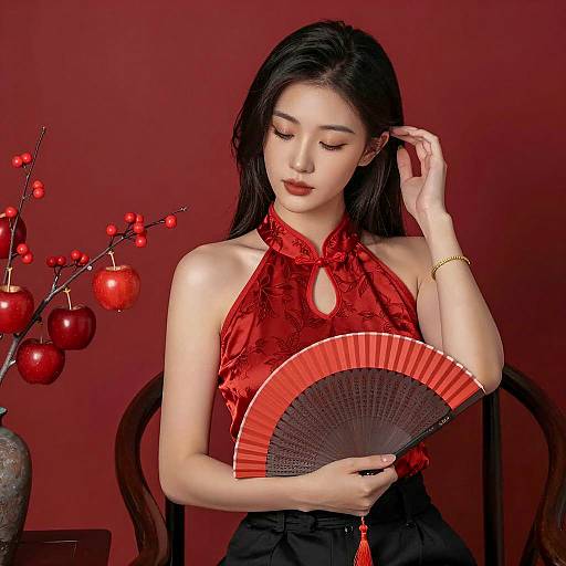 Asian Woman in Red Halter Top with Fan