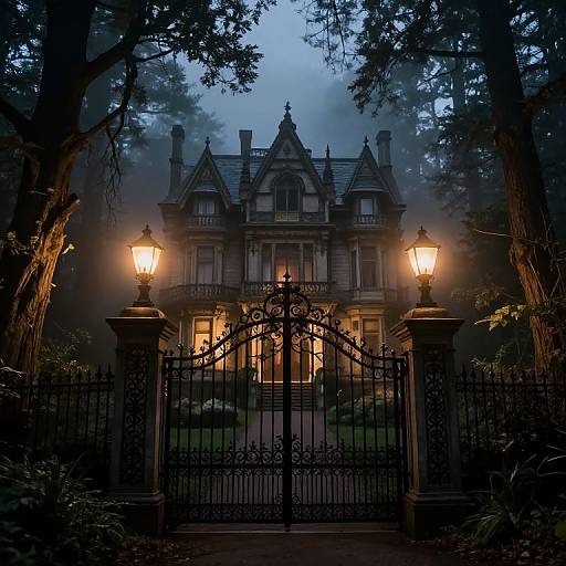 Photograph of a Gothic-style mansion at dusk, illuminated by glowing lanterns, shrouded in mist, with an ornate black iron gate in