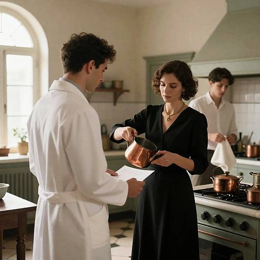 Vintage Kitchen Scene with Three Characters
