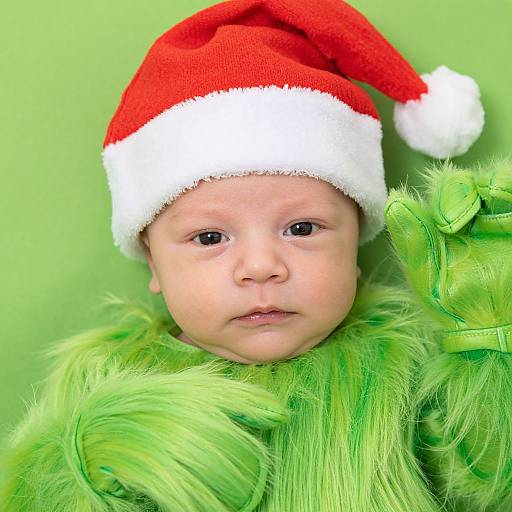 Photograph of a baby with light skin, wearing a red Santa hat with white trim and a green, furry Christmas outfit, against a bright green background