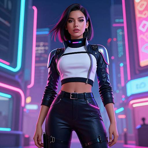 CGI image of a confident woman with dark hair in a neon-lit cyberpunk city, wearing a white crop top and black leather jacket and pants