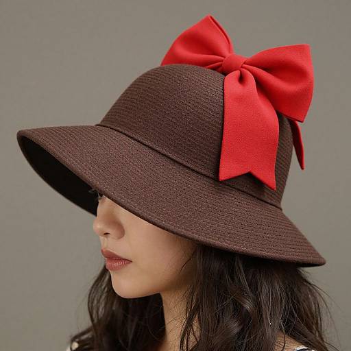 Photograph of a woman with long, wavy black hair, wearing a dark brown wide-brim hat adorned with a large, vibrant red bow,
