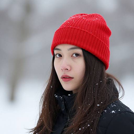 Woman Wearing Red Hat in Snow