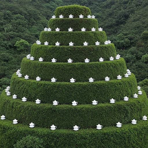 Surreal Verdant Mountain with Floating Teacups