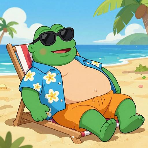 Fat Pepe Meme Relaxing on Beach