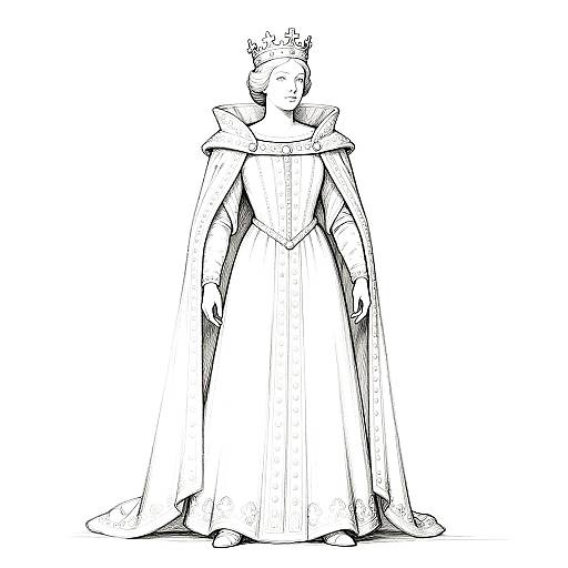 Black and white line drawing of a regal queen wearing a crown, long gown, and fur-trimmed cape, standing gracefully.
