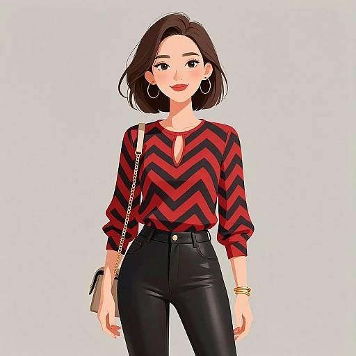Digital illustration of a smiling woman with short brown hair, wearing a red and black chevron top, black leather pants, and gold hoop earrings, carrying