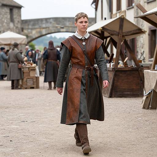 Photograph of a young Caucasian man with short brown hair, wearing a brown leather and gray wool medieval-style tunic, walking through a historical outdoor market