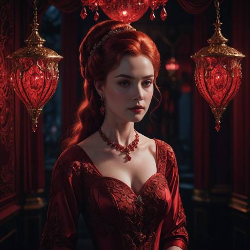 Red-haired woman in vintage red gown with ornate lighting