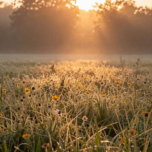 Golden sunrise illuminates dewy meadow with orange wildflowers, grass, and morning mist, creating a serene, ethereal landscape. Photograph.
