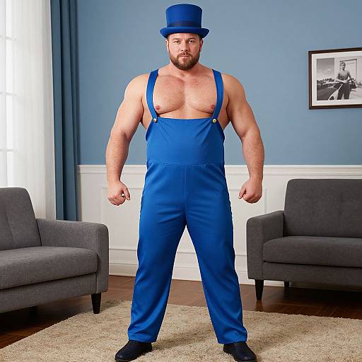 Photograph of a muscular, bearded man with a blue top hat and blue overalls, standing in a blue-walled room with gray armch