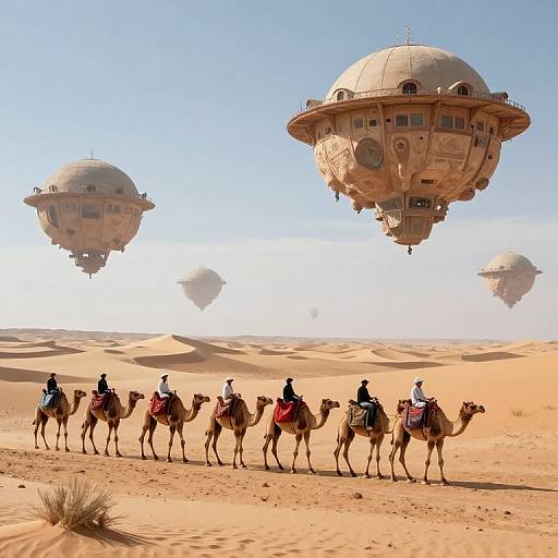 Photograph of six riders on camels in a desert, with three floating, dome-shaped airships in the clear blue sky.