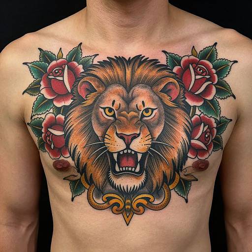 Tattooed shirtless man with vibrant, detailed lion head surrounded by red roses and green leaves on chest, against black background.