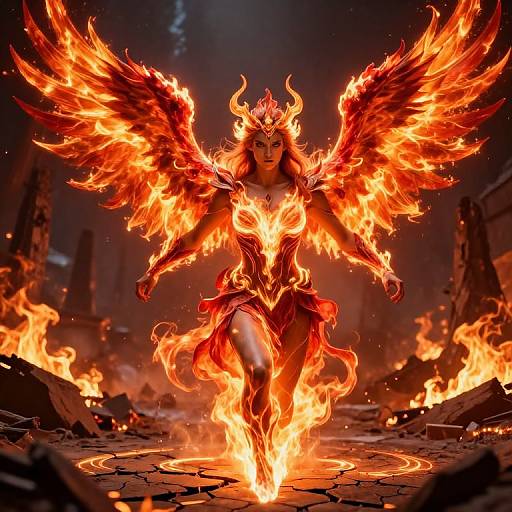 Phoenix Warrior Goddess in Flaming Battlefield