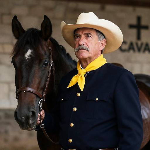 Serious Cowboy with Black Horse Portrait