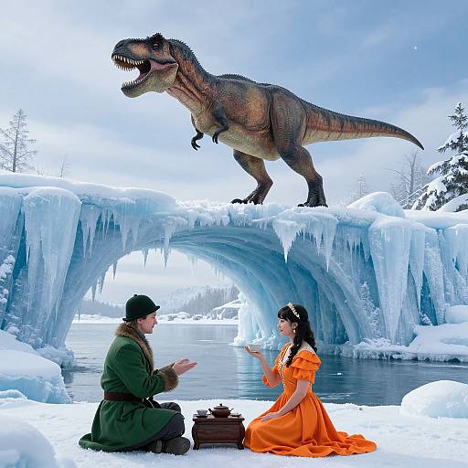 Photograph-style CGI: Man in green coat and black hat, woman in orange dress, seated on snowy ice bridge, dinosaur standing above. Icy