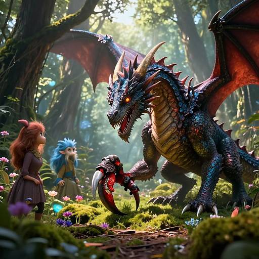 Digital fantasy artwork: A fierce, blue-scaled dragon with red wings and glowing eyes confronts two small, humanoid characters in a sunlit forest filled