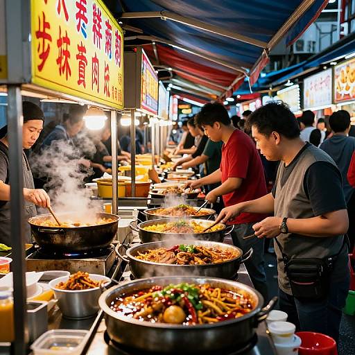 Vibrant night market photograph showing busy Asian male cooks in black and red shirts, steaming pots of diverse Chinese dishes under colorful signs.