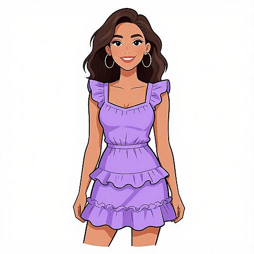 Digital illustration of a smiling woman with medium brown skin, dark wavy hair, wearing a lilac ruffled dress and large silver hoop earrings. White