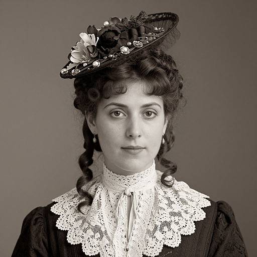 Black-and-white photograph of a Victorian woman with curly hair, lace collar, and elaborate black hat adorned with flowers and pearls.