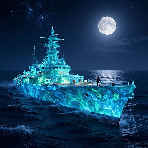 Glowing blue-lit naval warship under a bright full moon in a starry night sky, sailing on dark, reflective ocean water. Digital