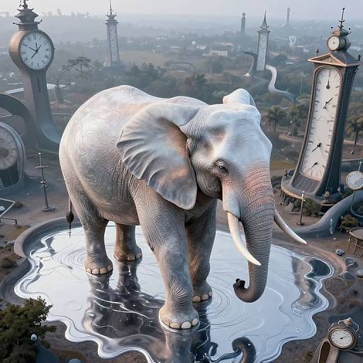 Digital artwork of a giant white elephant standing in a reflective puddle amidst a surreal cityscape with oversized clocks.