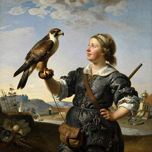 Baroque painting of a fair-skinned woman in a blue dress holding a brown hawk, with a landscape and cloudy sky background.