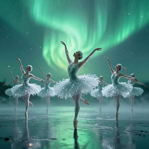 Photograph of a ballet troupe in sparkling white tutus, performing under vibrant green Northern Lights, with misty ground reflecting their graceful poses.