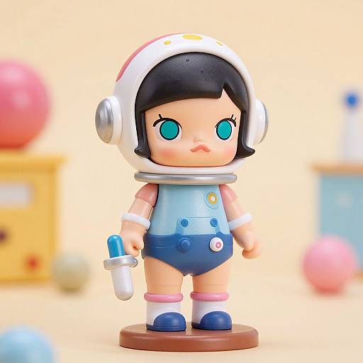 Photograph of a cute, chibi-style astronaut doll with teal eyes, black bob haircut, white helmet, blue vest, shorts, and pink knee