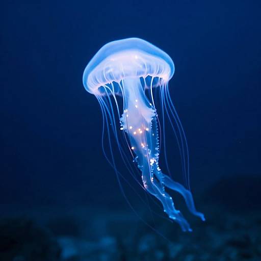 Photograph of a glowing blue jellyfish with translucent tentacles, floating in a deep blue ocean background, illuminated by bioluminescence.