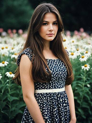 Young Woman in Floral Dress by Daisies