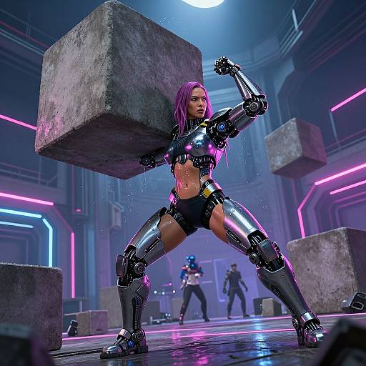 CGI image of a purple-haired woman in shiny black cybernetic armor, flexing her arm while lifting a concrete block in a neon-lit